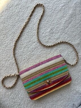Tally Weijl Straw Woven Raffia Multicolor Stripe Chain Shoulder Bag